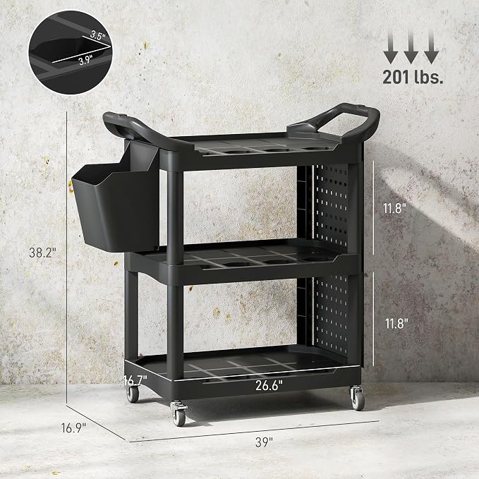HOMCOM 3 Tier Utility Cart on Wheels, Rolling Tool Storage with Pegboards and Bucket, 200 LBS Load Capacity Plastic Service Cart for Garage, Warehouse, Workshop, Black