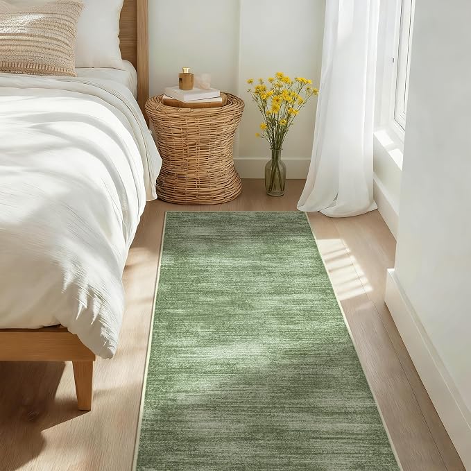 BILEEHOME Olive Green Rug Runners for Hallways Non Slip Washable Neutral Abstract Minimalist Low Pile Floor Protector Carpet Hunter Green 3x8 Runner Rug for Laundry Room Kitchen