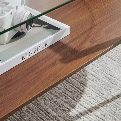 LumFurn X-Large Oval Glass Coffee Table, Mid-Century Modern Design, L47 x W24 x H17 inch, for Living Room, Clear Glass Top and Walnut Finish Wood Shelf, Conical Legs with Gold Finish Frame