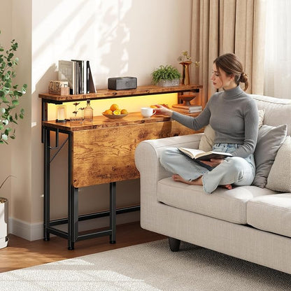 DurayLoly Computer Desk with RGB Light for Small Space, 39.4" Small Folding Desk for Space Saving Sofa Table for Couch, Home Office Desk with Monitor Stand, Easy to Fold with Hooks, Brown