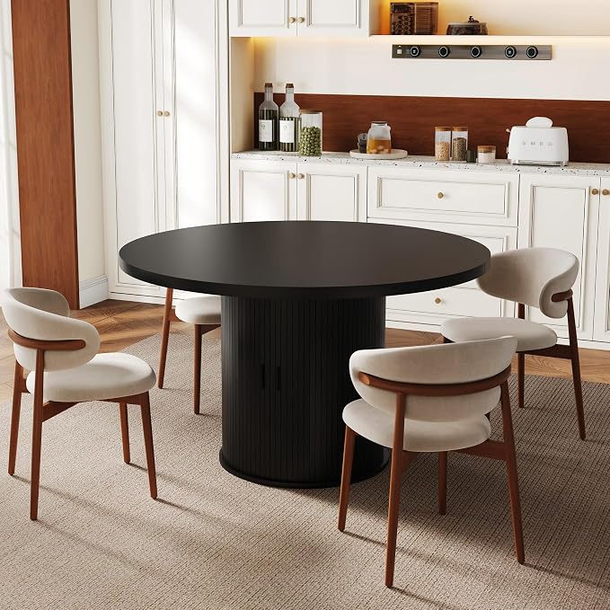47 inch Round Dining Table for 4-6, Dinner Table with 2-Layer Storage Shelf, Morden Circle Kitchen Table with Wooden Strip Base and Wood Slide Door for Home Dining Room, Living Room, Black
