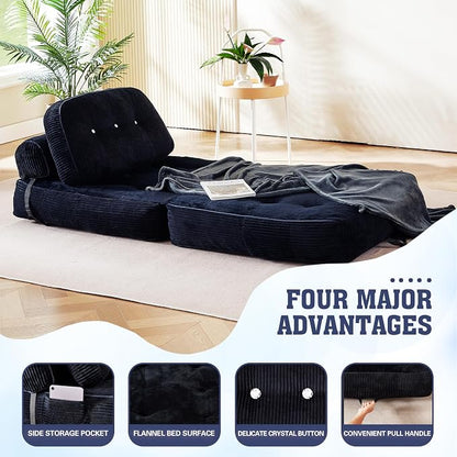Folding Sofa Bed, Flannel Futon Couch Bed with Pillow and Blanket, Convertible Sleeper Chair for Small Space Apartment Guest Room, Black
