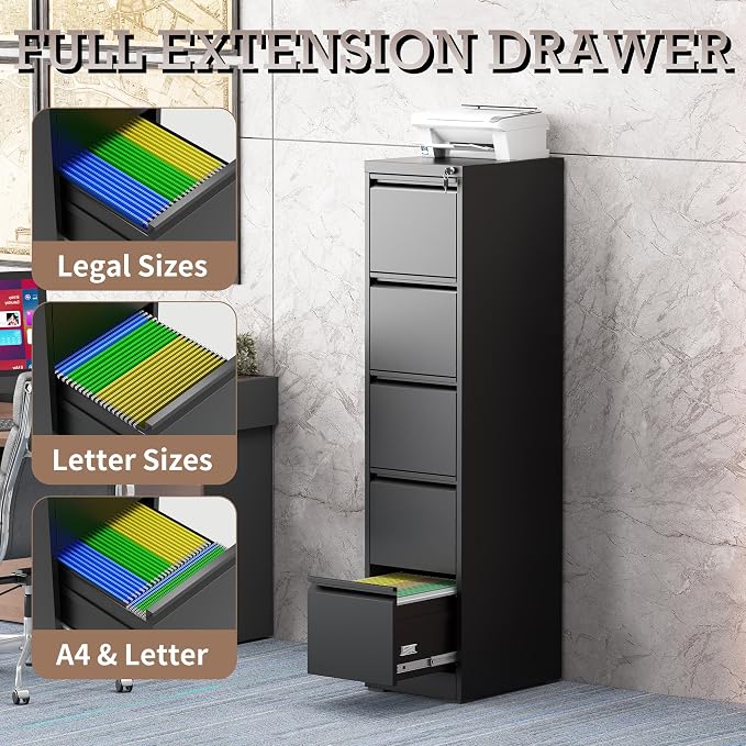 5 Drawer Vertical File Cabinet with Lock, Metal Filing Cabinets for Home Office, Heavy Duty File Storage Cabinet for Legal/Letter/A4 Documents, Easy to Assemble, Black