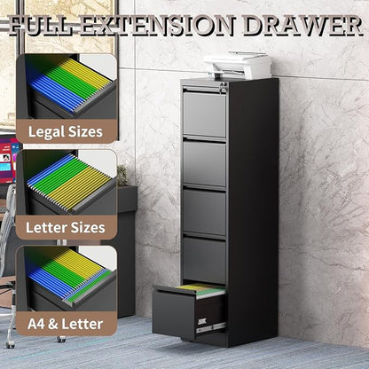 5 Drawer Vertical File Cabinet with Lock, Metal Filing Cabinets for Home Office, Heavy Duty File Storage Cabinet for Legal/Letter/A4 Documents, Easy to Assemble, Black