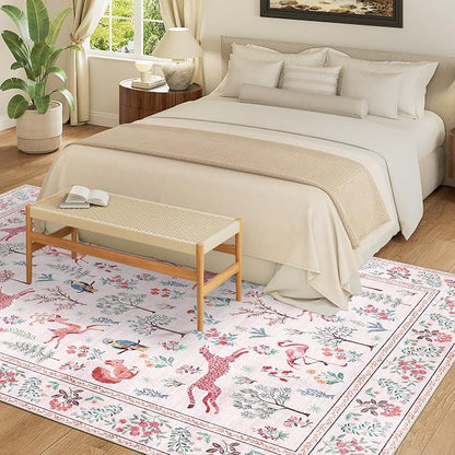 DUKINO 5x7 Rug, Washable Animal Living Room Rug with Non Slip Vintage Design, Soft Low Pile Large Carpet for Bedroom, Nursery, Dining Room, Farmhouse, Playroom, Pink