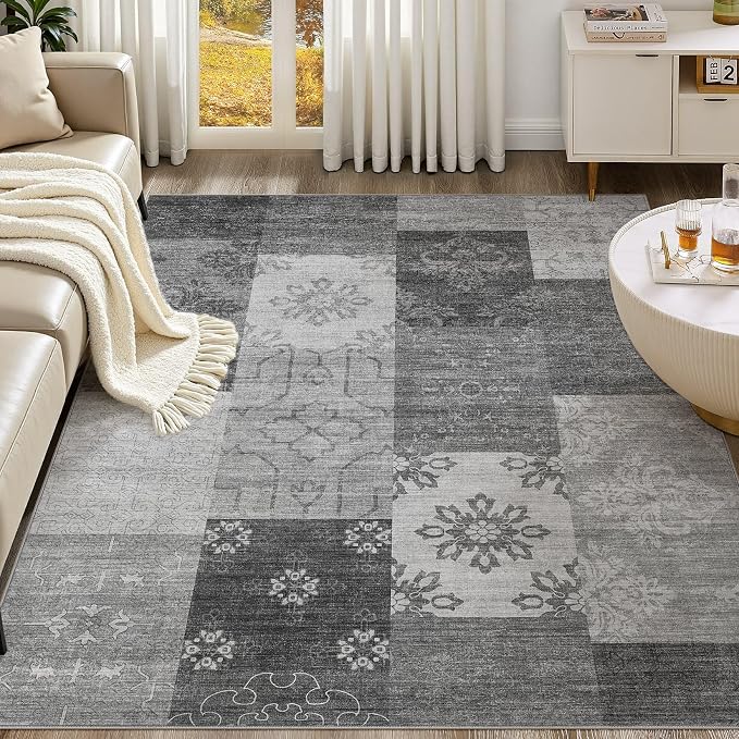 UERMEI 5x7 Area Rug for Living Room - Washable Vintage Carpet, Non-Slip Soft Large Indoor Floor Rugs for Bedroom Home Office & Under Dining Table Decor, Gray Block