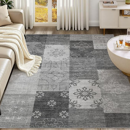 UERMEI 5x7 Area Rug for Living Room - Washable Vintage Carpet, Non-Slip Soft Large Indoor Floor Rugs for Bedroom Home Office & Under Dining Table Decor, Gray Block