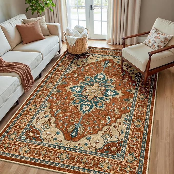 RELEANY Area Rugs 5'x8' Washable Non-Slip, Floral Vintage Distress Medallion Carpet for Living Room Bedroom Dining Room, Red Orange Blue Brown
