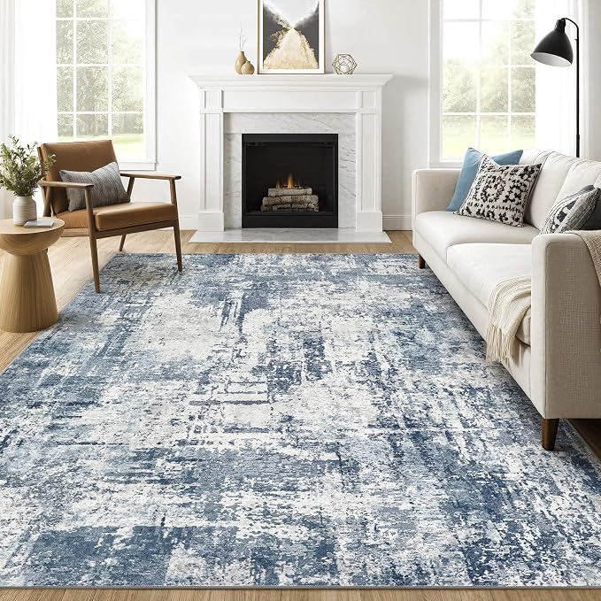 7x10 Area Rug Living Room: Washable Large Abstract Modern Soft Rug Stain Resistant Indoor Non-Slip Carpet for Bedroom Dining Room Nursery Kids Playroom Office Home House- Blue White