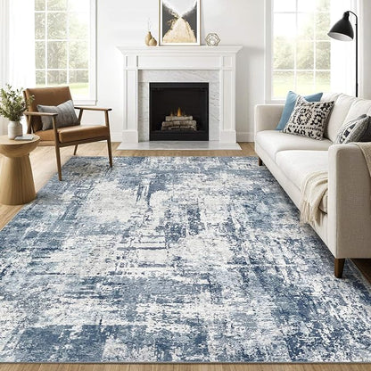 7x10 Area Rug Living Room: Washable Large Abstract Modern Soft Rug Stain Resistant Indoor Non-Slip Carpet for Bedroom Dining Room Nursery Kids Playroom Office Home House- Blue White