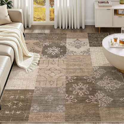 UERMEI 5x7 Area Rug for Living Room, Washable Brown Modern Geometric Patchwork Non Slip Stain Resistant Low Pile Foldable Carpet for Bedroom Dining Farmhouse Home Office