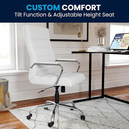 Flash Furniture Whitney High-Back Swivel LeatherSoft Desk Chair with Padded Seat and Armrests, Adjustable Height Padded Office Chair, White/Chrome