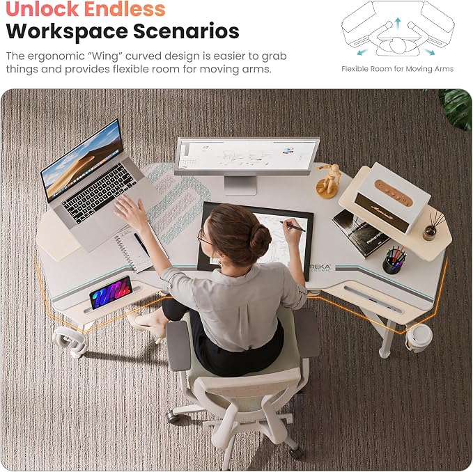 EUREKA ERGONOMIC Aero 72 Inch Gaming Desk with Keyboard Tray, Large Computer Desk Led Lights, Wing-Shaped Monitor Stand Dual Headphone Hanger Cup Holder for Studio,Streamer,Live,Maple