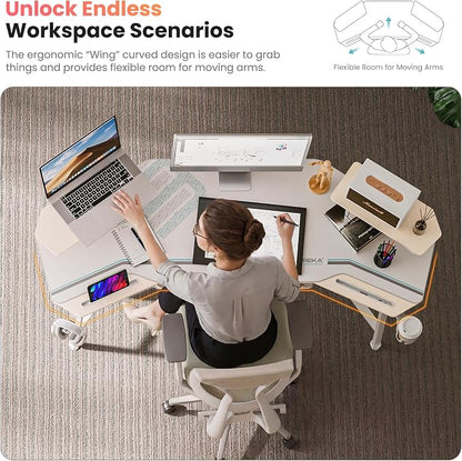 EUREKA ERGONOMIC Aero 72 Inch Gaming Desk with Keyboard Tray, Large Computer Desk Led Lights, Wing-Shaped Monitor Stand Dual Headphone Hanger Cup Holder for Studio,Streamer,Live,Maple