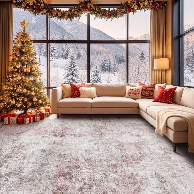 UERMEI 5x7 Washable Area Rug - Neutral Modern Abstract Living Room Rugs, Non-Slip Soft Large Indoor Floor Carpet for Bedroom Home Office & Under Dining Table Decor, Pink Grey