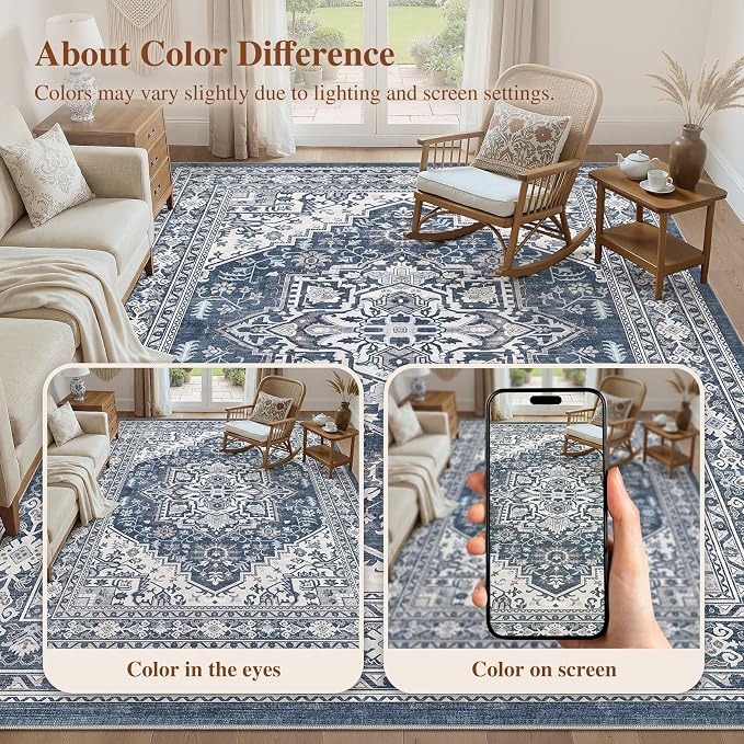 UERMEI 10x14 Area Rug for Living Room - Washable Vintage Carpet, Non-Slip Soft Large Indoor Floor Rugs for Bedroom Home Office & Under Dining Table Decor, Denim Blue/White