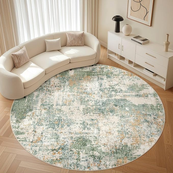 8ft Round Rug Living Room Rugs: 8x8 Washable Circle Large Abstract Modern Soft Stain Resistant Non-Slip Indoor Floor Carpet for Bedroom Nursery Office Dining Room Playroom Home House- Green
