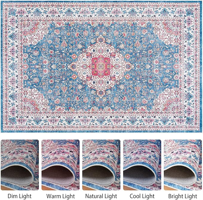 Goideal Washable Rug 3x5, Vintage Area Rugs Non Slip, Indoor Low Pile Carpet with Rubber Backing for Living Room Kitchen Bathroom Entryway Office Bedroom,Blue & Hot Pink