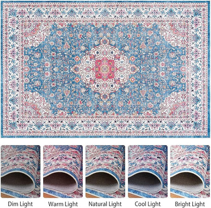 Goideal Washable Rug 3x5, Vintage Area Rugs Non Slip, Indoor Low Pile Carpet with Rubber Backing for Living Room Kitchen Bathroom Entryway Office Bedroom,Blue & Hot Pink
