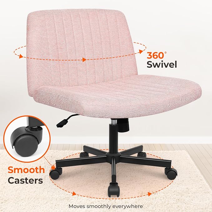 NEO CHAIR Criss Cross Chair with Wheels Home Office Cross Legged Armless Chairs Ergonomic Adjustable Computer Desk Task Wide Seat for Bedroom Vanity Comfy Swivel (Pink)