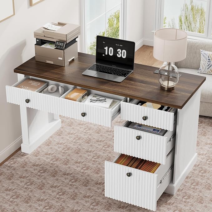 Garvee Fluted Home Office Desk with File Drawer, 54" Modern Executive Desk with Charging Station, Wooden Computer Writing Desk for Home Office, Study Room, White