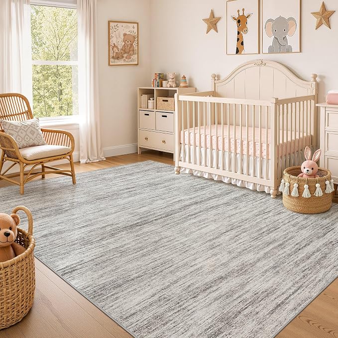 Nakagishi 7X9 Area Rugs Living Room: Washable Large Vintage Rug Neutral Non-Slip Soft Stain Resistant Indoor Carpet for Bedroom Nursery Dining Room Office Playroom - Grey