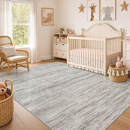 Nakagishi 7X9 Area Rugs Living Room: Washable Large Vintage Rug Neutral Non-Slip Soft Stain Resistant Indoor Carpet for Bedroom Nursery Dining Room Office Playroom - Grey