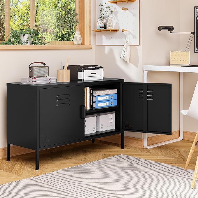 SISESOL Black Metal Storage Cabinet with Doors and Shelves,2 Door Wide Metal Locker Accent Storage Cabinet with Leg & Vent Hole,Wide TV Cabinets,Low Side Cupboard for Home,Office,Dining/Living Room