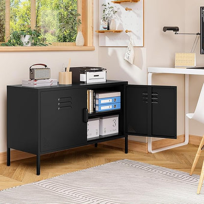 SISESOL Black Metal Storage Cabinet with Doors and Shelves,2 Door Wide Metal Locker Accent Storage Cabinet with Leg & Vent Hole,Wide TV Cabinets,Low Side Cupboard for Home,Office,Dining/Living Room