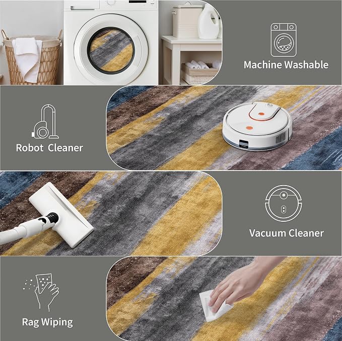 Ciicool Modern Abstract Rug for Living Room, 5'x7' Machine Washable Area Rug Non-Slip Rug, Low-Pile Contemporary Indoor Dining Floor Carpet for Bedroom Office Under Table Home Decor Yellow Blue Gray