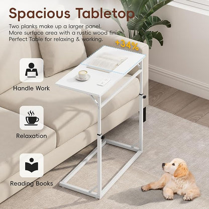 Vagusicc C Shaped End Table with Charging Station, C-Table End Table Adjustable Height Side Table for Couch, Large Couch Table, Slide Under Sofa Table TV Tray Arm Table for Living Room, Bedroom, White