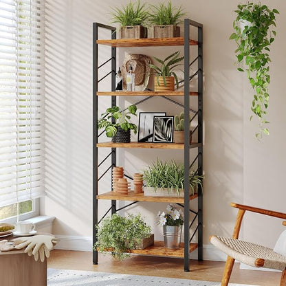 DurayLoly 5 Tier Bookshelf for Narrow Space, Rustic Brown | Small Storage Shelves, Sidebars and Metal Frame