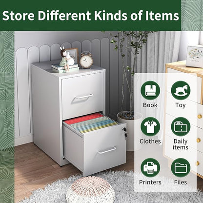 2 Drawer File Cabinet with Lock, Vertical File Cabinet with Lock, Locking File Cabinet Hanging Files for A4/ Legal/Letter, Assembly Required, White