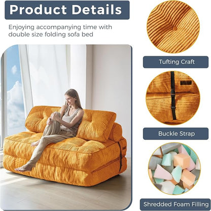 MAXYOYO Folding Sofa Bed, Convertible Chair with Pilow, Portable Fold Out Chair Bed with Back Support Comfy Floor Sofa Lounge for Living Room Bedroom, Orange, Double