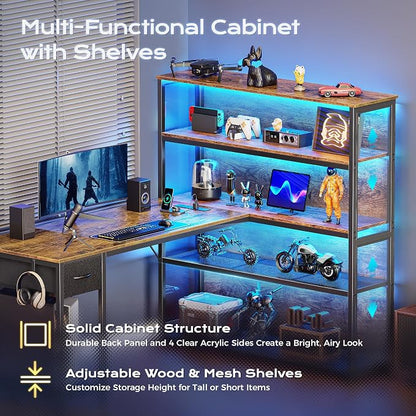 PRAISUN 57 Inch L Shaped Gaming Computer Desk with Larger Open Cabinet, Reverisble Office Desk with Power Outlets, LED Lights, Work Desk, Fabric Drawer, Adjustable Wood and Mesh Shelf, Rustic Brown