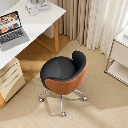 VINGLI Cute Small Swivel Desk Chair Comfy with Wheels,Ergonomic Low-Back Lumbar Support Vanity Nail Tech Rolling Task Stool Chair for Home Office,Height Adjustable,PU Leather Black&Suede Brown