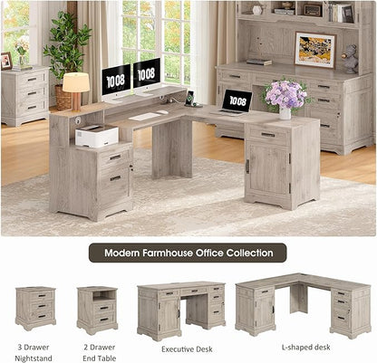 Whalefall 63'' Farmhouse L Shaped Desk with Monitor Stand Shelves, Gray | Corner Computer Desk with Drawers, Executive Home Office L Desk with File Cabinet Storage and Charging Station