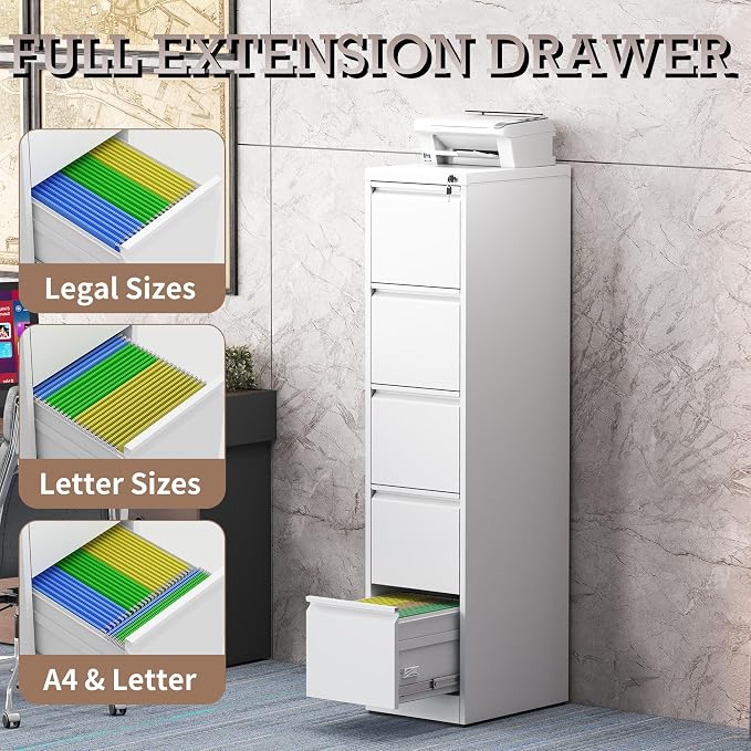 5 Drawer Vertical File Cabinet with Lock, Metal Filing Cabinets for Home Office, Heavy Duty File Storage Cabinet for Legal/Letter/A4 Documents, Easy to Assemble, White