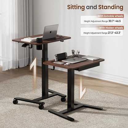 Monomi Mobile Standing Desk with Drawer, 28" Rolling Desk with Cup Holder and Hooks, Portable Laptop Cart on Wheels, Height Adjustable Workstation with Storage for Home Office, Walnut