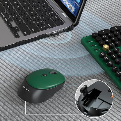 Colorful Wireless Computer Keyboards Mouse Combos, UBOTIE Polychrome Round Keycaps Retro PC Keyboards 2.4GHz Radio Frequency Connection with Optical Mouse Power Switch (Green-Black)