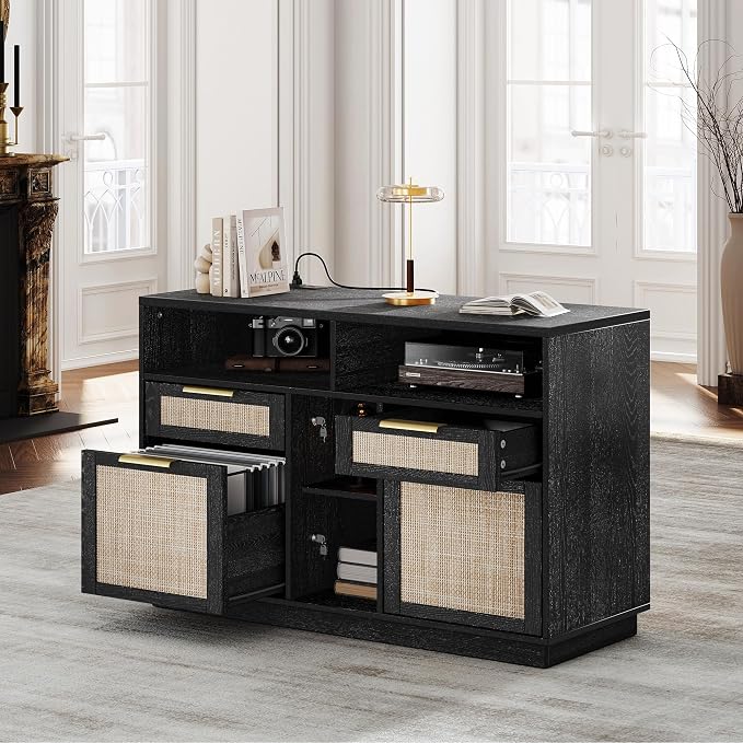 4 Drawer File Cabinet, Fluted Wood Lateral Filing Cabinet with Lock and Charging Station for Home Office, Printer Stand with Open Storage Shelves, Fits A4, Letter Size, Black