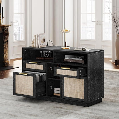 4 Drawer File Cabinet, Fluted Wood Lateral Filing Cabinet with Lock and Charging Station for Home Office, Printer Stand with Open Storage Shelves, Fits A4, Letter Size, Black
