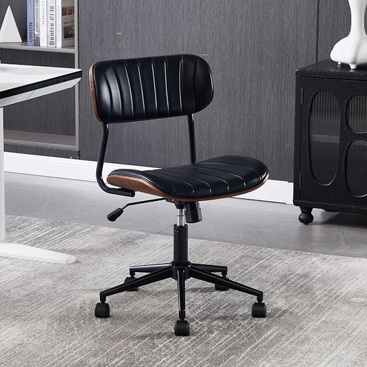 Modern Walnut Home Office Chair，Adjustable Height Desk Chair with Wheels，Armless Computer Chair for Office, Reading Meeting Room, Black