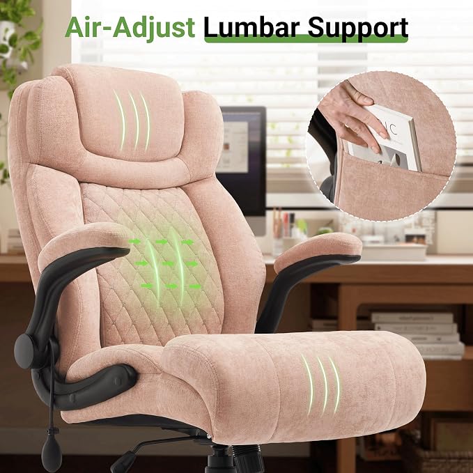 Office Chair, Big and Tall Executive Chairs with Lumbar Support for Back Pain, Breathable Fabric Desk Computer Chair with Adjustable Flip-up Armrests,Wide Cushion Swivel Home Office Chair Black,Pink