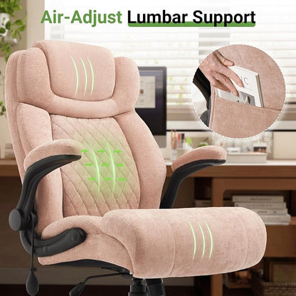 Office Chair, Big and Tall Executive Chairs with Lumbar Support for Back Pain, Breathable Fabric Desk Computer Chair with Adjustable Flip-up Armrests,Wide Cushion Swivel Home Office Chair Black,Pink