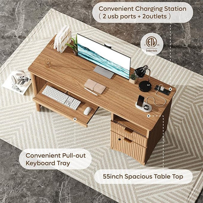 Bestier 55 Inch Wood Computer Desk with Fingerprint Lockable Drawers and Keyboard Tray,Modern Home Office Desk with File Drawer & Charging Station, Oak Wooden Desk for Work, Brown