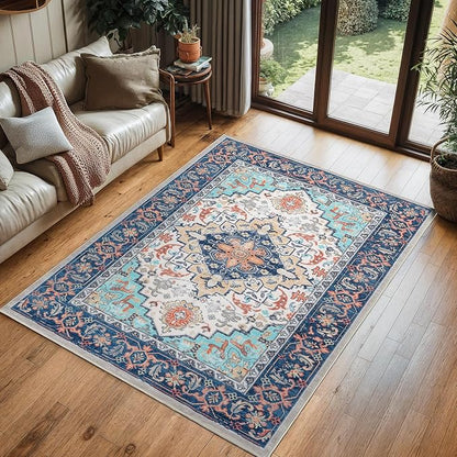 Lofus 3x5 Area Rugs for Living Room, Machine Washable Area Rug, Soft Small Rugs for Bedroom, Kitchen, Office and Indoor, Vintage Boho Carpet, Non-Slip Low Pile Carpets, Floral Blue