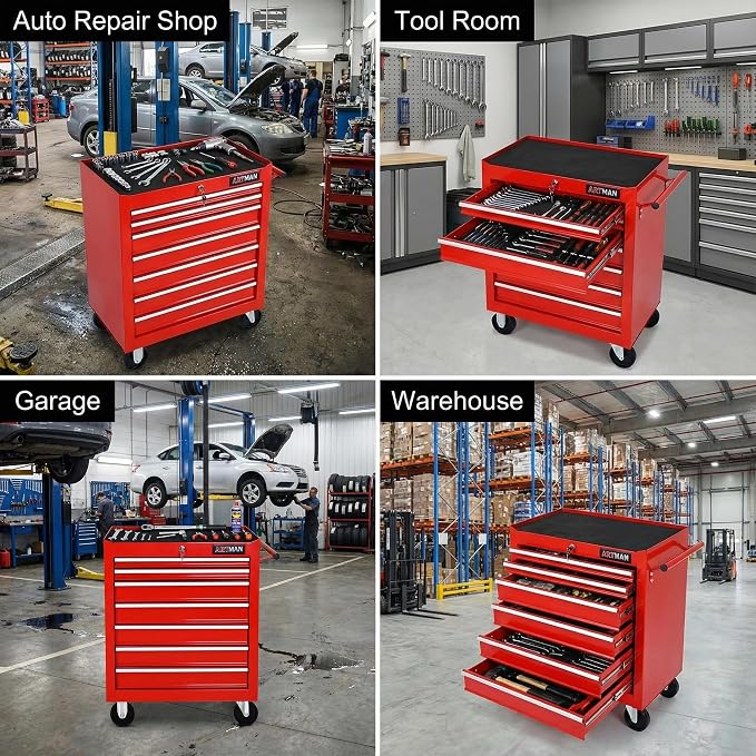 RYH 7 Drawers Rolling Tool Chest & Tool Box on Wheels | Heavy Duty Metal Cart with Ball Bearing Drawers | Fits US General Tool Box for Garage Storage (Red, 7 Drawers（29.6" H × 24.4" W × 13" D)