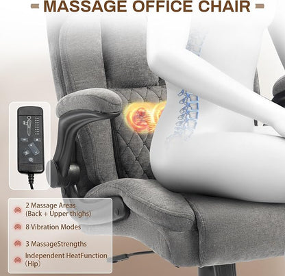 Massage Office Chair, 500LBS Ergonomic Rocking Executive Desk Chairs with 4 Points Vibration&Heat,Padded Flip-up Armrests for Big and Tall Office Chair,Swivel Computer Chair Thicken Back,Fabric Grey