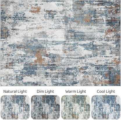 8x10 Area Rugs Living Room: Washable Large Abstract Neutral Modern Soft Rug Stain Resistant Indoor Floor Non-Slip Accent Carpet for Bedroom Nursery Playroom Dining Room Office Dorm Home- Rust Cyan